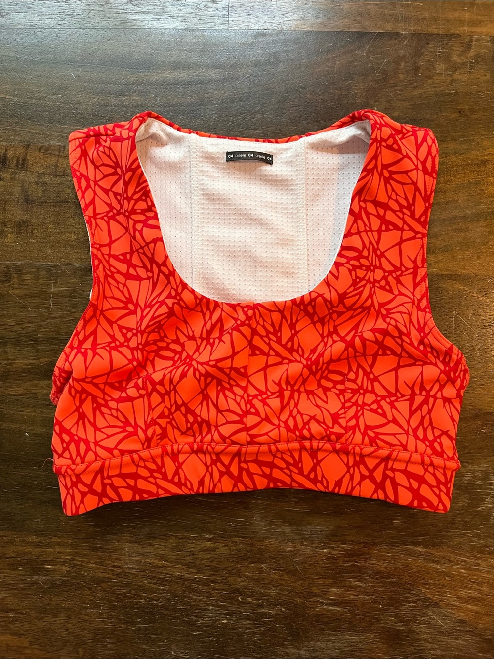 oiselle Flyout Bra Orange with Red Patterned Sports Bra